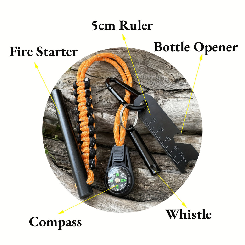 6-in-1 Foldable Emergency Survival Kit, Includes Firestarter, Compass, Scraper, Whistle, Flint, Portable Camping Stove, Ideal for Hiking, Backpacking & Wilderness Exploration, Batteries Not Included
