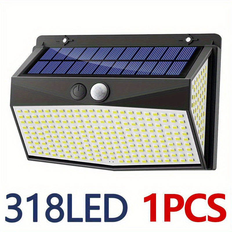 Outdoor Courtyard IP65 Exterior Wall Light, 318 LED Solar Motion Sensor Wall Light (3-Level Function) Security Solar Floodlight Suitable for Outdoor Fence Wall