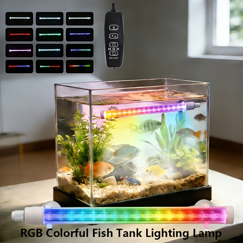 RGB multi-color aquarium submersible smart lighting fixture, multiple light colors, multiple lighting modes, aquarium lighting tube, fish growth light, timer adjustable colors, aquarium decorative lighting fixture, equipped with suction cup design