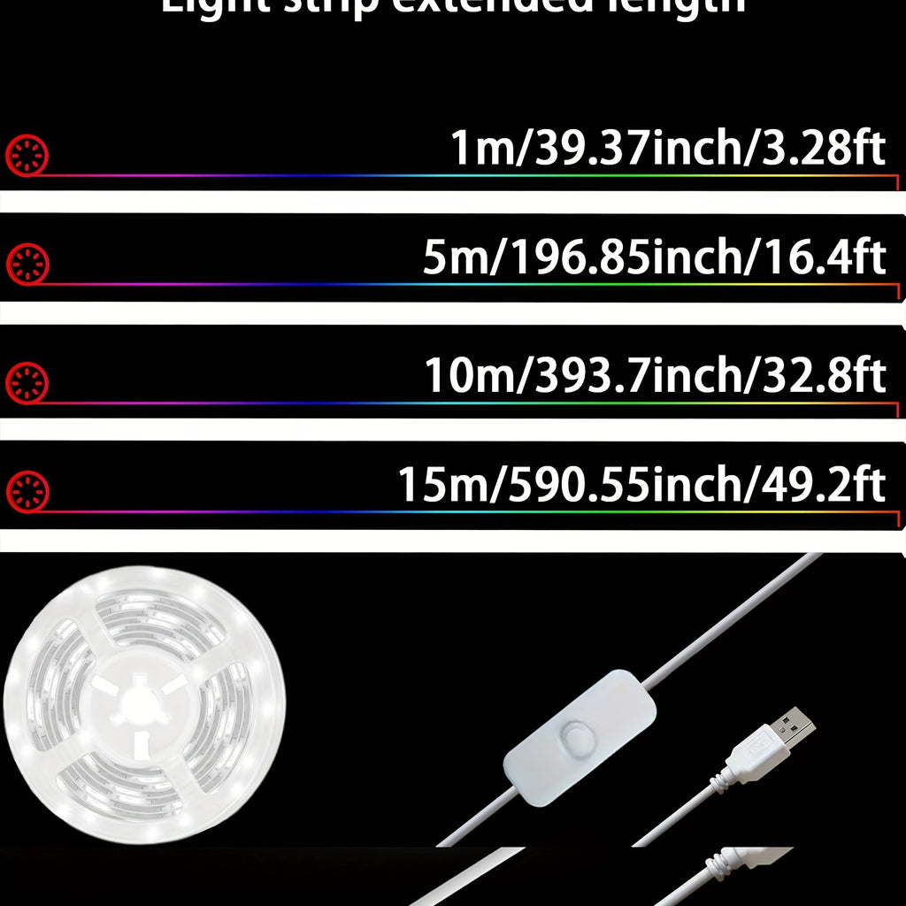 3.2英尺-50英尺白色LED灯带，6500K USB供电灯带，柔性可裁剪设计，带按键开关功能，适用于卧室、厨房、镜子和家居装饰