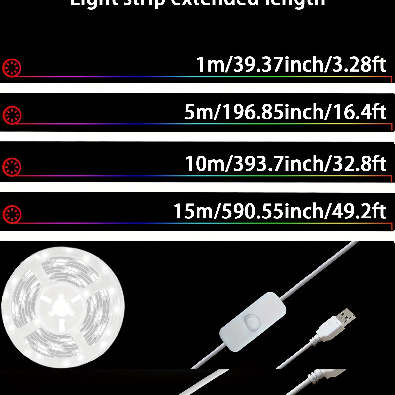 3.2英尺-50英尺白色LED灯带，6500K USB供电灯带，柔性可裁剪设计，带按键开关功能，适用于卧室、厨房、镜子和家居装饰