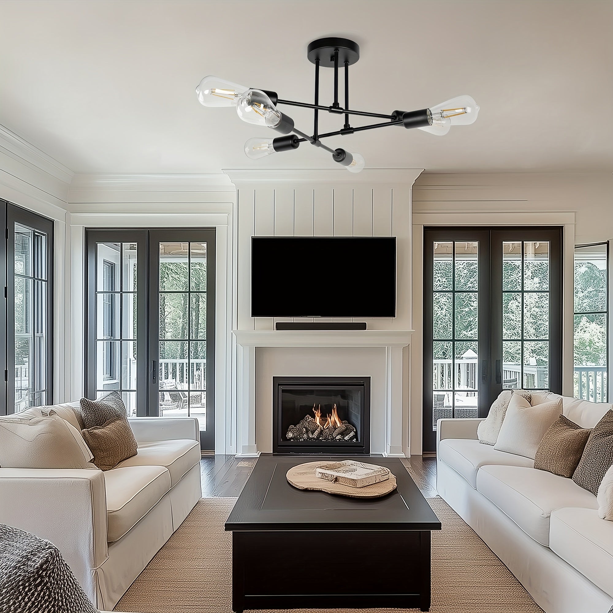 Modern 6-light semi-flush mount pendant light, black metal frame, elegant chandelier for living room, dining room, bedroom, E26 bulb socket, bulb not included