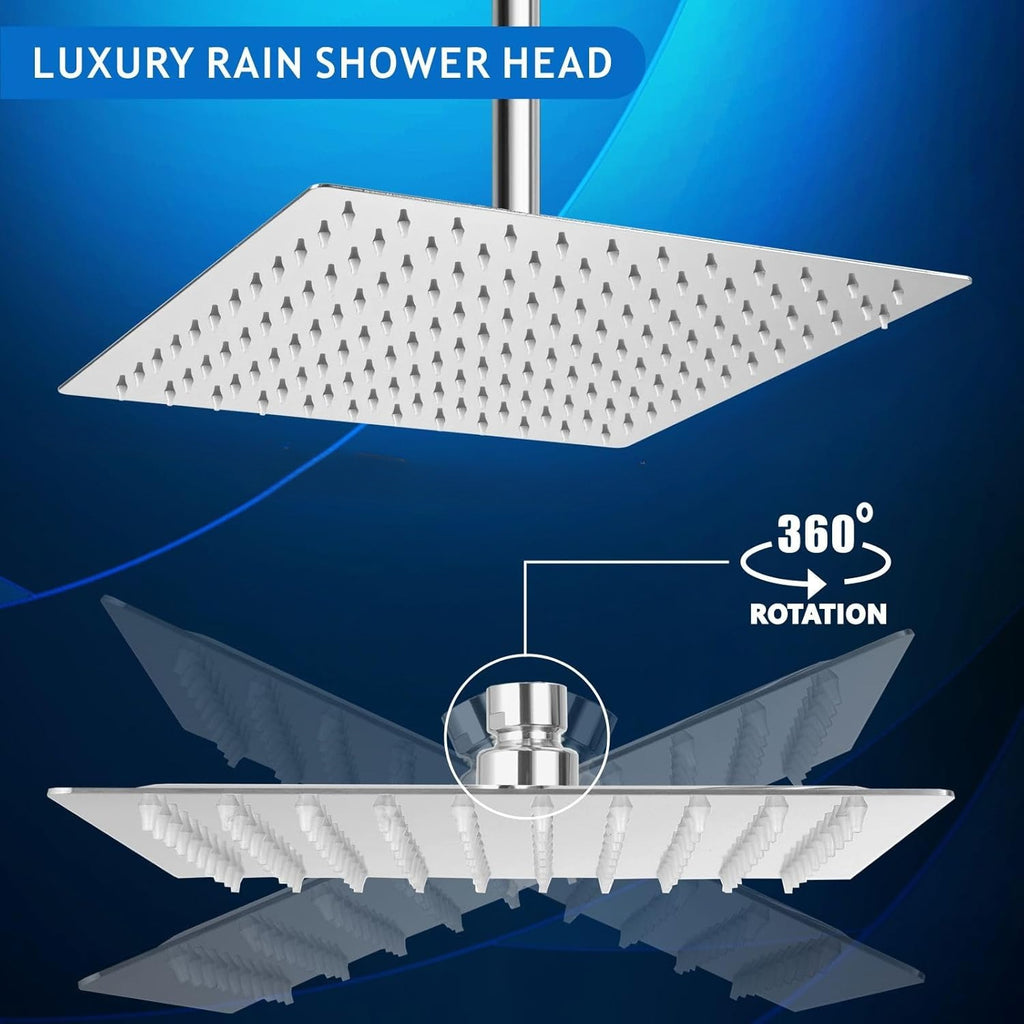 1pc 12" Square / 12"x8" Rectangular Waterfall Rain Shower Head - High Flow Stainless Steel, Polished Chrome Finish, Rustproof & Durable, Ceiling/Wall Mount, Includes Teflon Tape Installation Kit