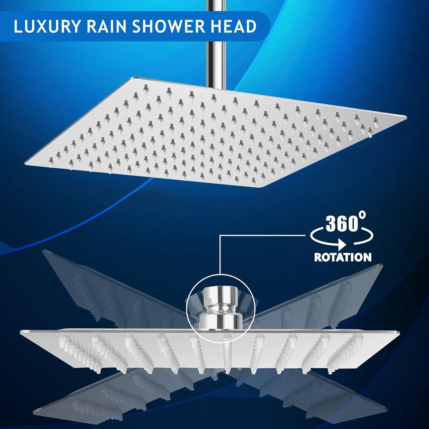 1pc 12" Square / 12"x8" Rectangular Waterfall Rain Shower Head - High Flow Stainless Steel, Polished Chrome Finish, Rustproof & Durable, Ceiling/Wall Mount, Includes Teflon Tape Installation Kit