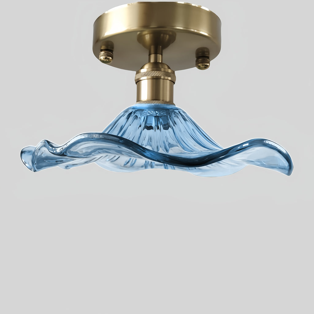 Semi-flush mount ceiling light, gold hallway vintage light fixture ceiling, with green water lily glass, 4.72-inch base modern ceiling light, suitable for porch, kitchen, bedroom (E27 base, bulb not included)
