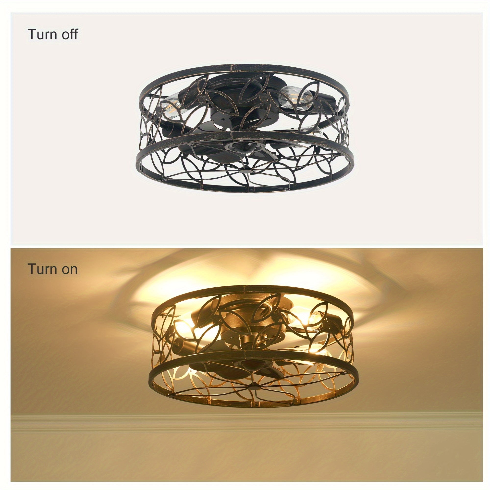 Enncll Farmhouse Ceiling Fan with Light and Remote, 18 Inch Black Caged Bladeless Ceiling Fan Light, Flush Mount Fixture for Kitchen and Bedroom