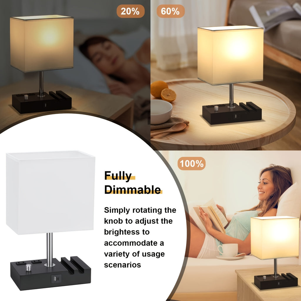 Bedroom table lamp, with dual USB ports, dimmable bedside lamp, with phone stand and 2 charging outlets, table lamp for nightstand and living room, LED bulb included