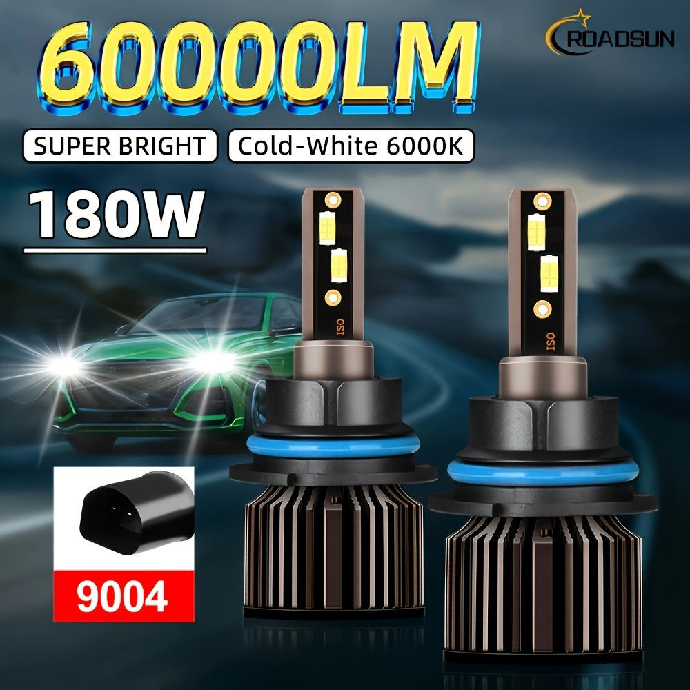 ROADSUN offers a set of 2 LED bulbs, compatible with H1, H7, H11, 9005, 9006, H4, H13, 9007 and 9004 types, providing a super bright output of 60000 lumens at 180 watts, and a color temperature of 6000K
