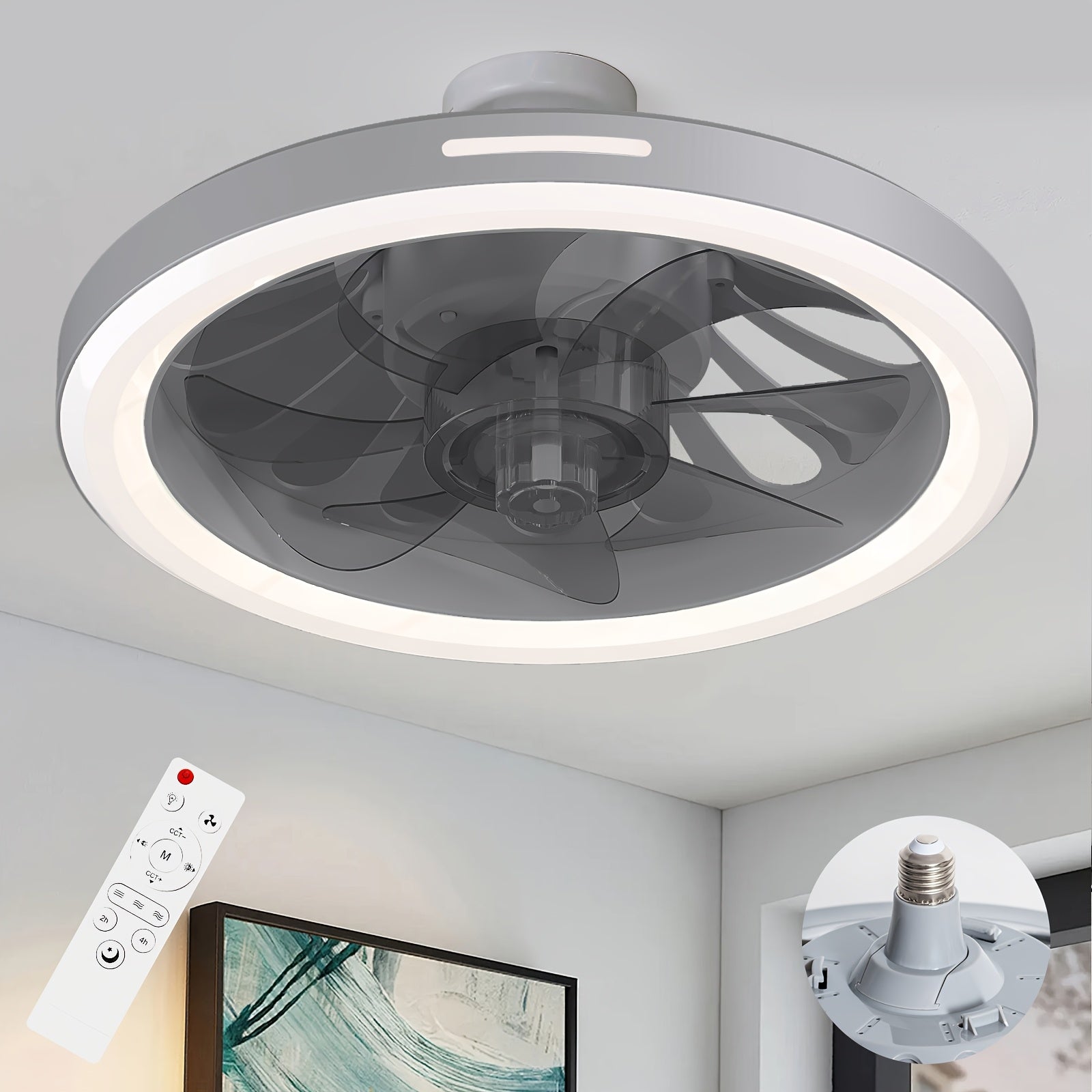 13" Smart Modern Ceiling Fan with Light and Remote, E26/E27 Base Easy Install Socket Fan Light, 3-Speed Adjustable, 3000-6500K Dimmable LED, for Bedroom, Kitchen, Living Room, Storage Room