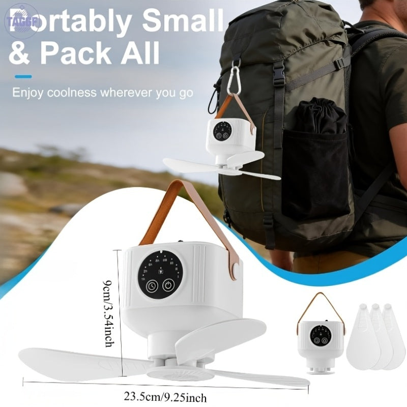 Outdoor Portable USB Rechargeable Camping Fan with LED Lantern, 3 Speed Levels, 8 Hours Timer, Remote Control, Hanging Mini Fan, Essential for Tent RV Camper Home Office Hiking Travel, Camping Gear Emergency Kit