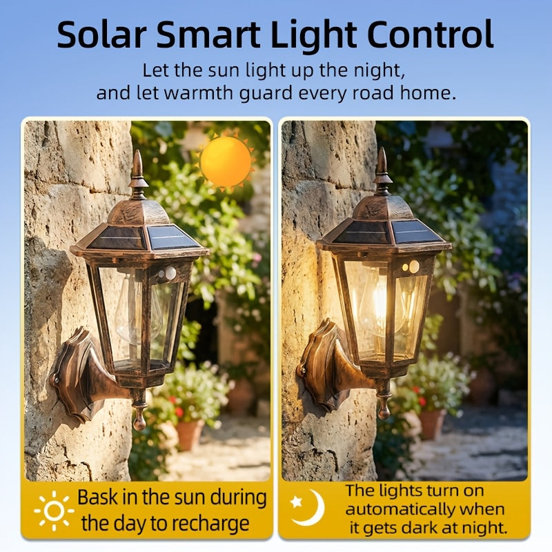 Solar Wall Light with Wall Mount Dusk to Dawn Sensor, Automatic On/Off, Outdoor Awning Garage Porch, Solar Light | Vintage Style | Suitable for Garden, Courtyard, Path, Walkway Decoration, Unique Gardening Gift for Easter, Valentine's Day