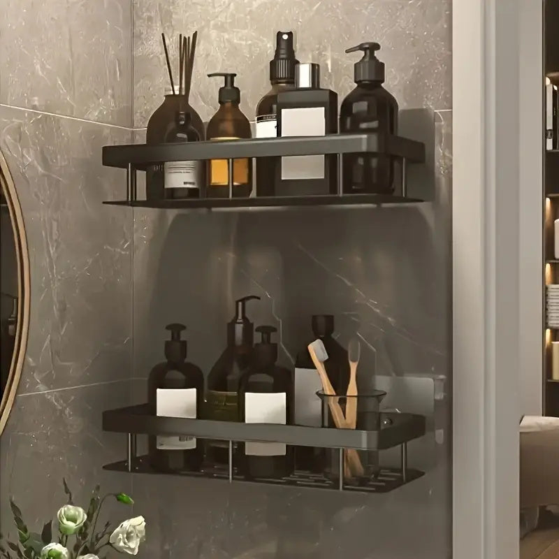 1/2/3-Piece Metal No-Drill Bathroom Shelf - Thickened & Easy Install, Wall Mount Storage Rack, Large Capacity Black-Silver Multi-Functional Holder for Bathroom & Toilet