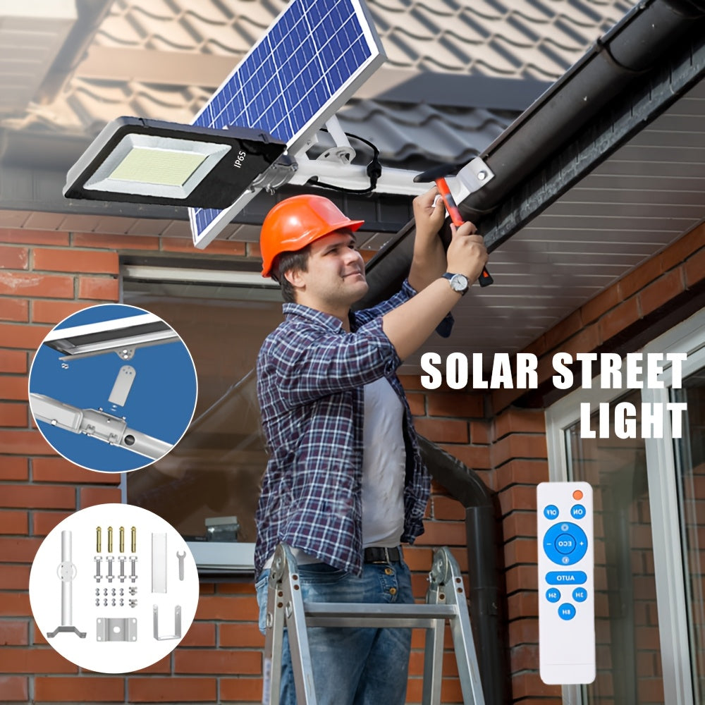Solar Street Light Outdoor Light, 6500K Solar Floodlight, IP65 Waterproof, with Drop-Proof Remote Control Mounting Bracket and Motion Sensor, Perfect for Courtyard, Garden, 1 Pack, Security LED Floodlight for Dusk to Dawn