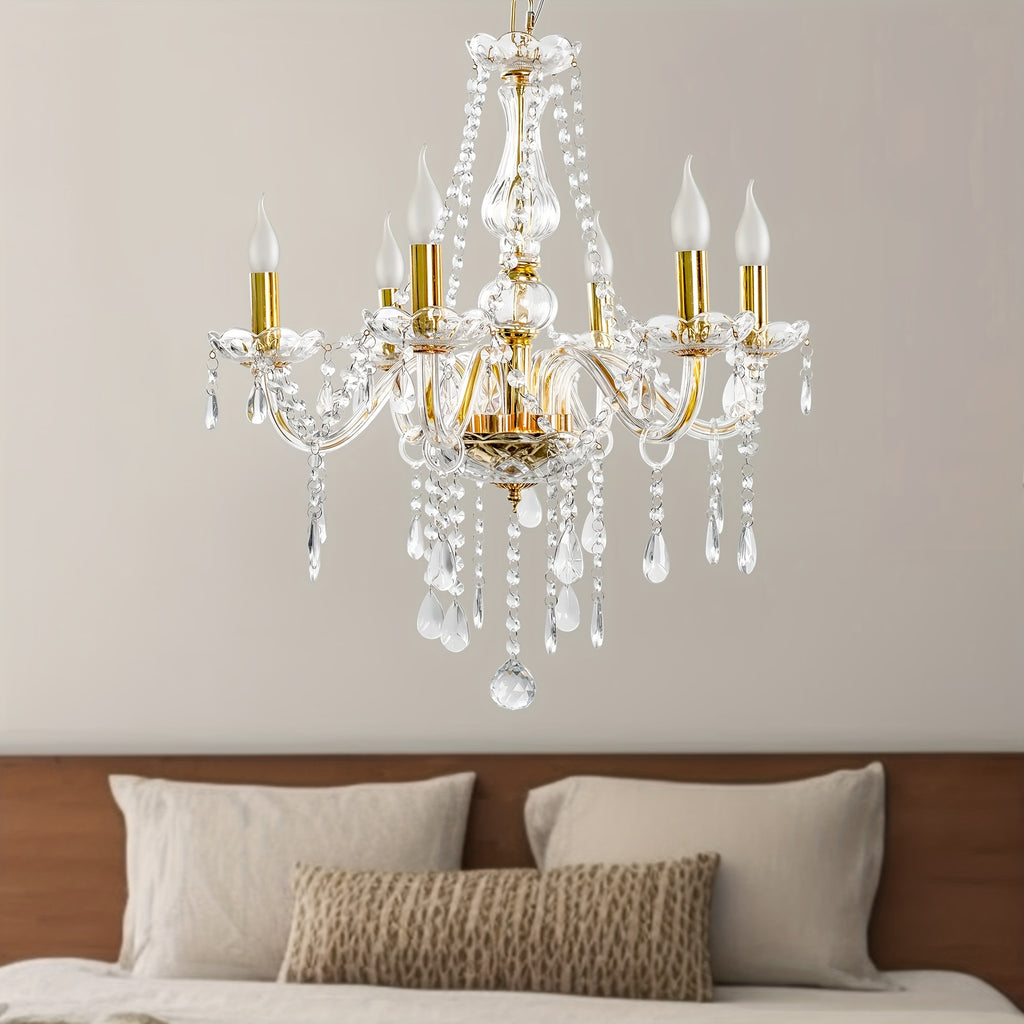 Modern gold crystal chandelier, 6-light branched pendant light, with chain, elegant chandelier, suitable for dining room, bedroom, living room, hotel, home decorative lighting, E12 base, bulbs not included
