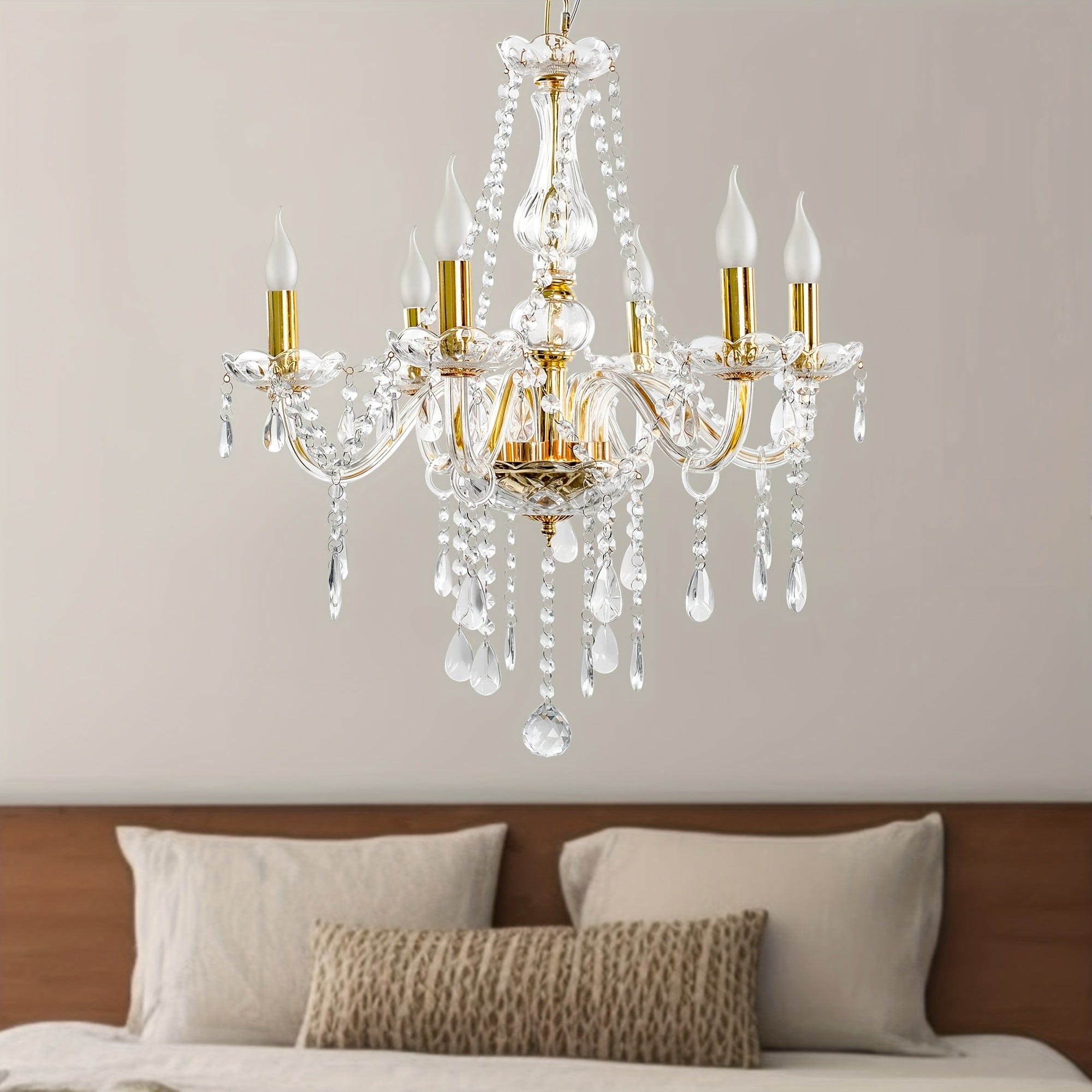 Modern gold crystal chandelier, 6-light branched pendant light, with chain, elegant chandelier, suitable for dining room, bedroom, living room, hotel, home decorative lighting, E12 base, bulbs not included