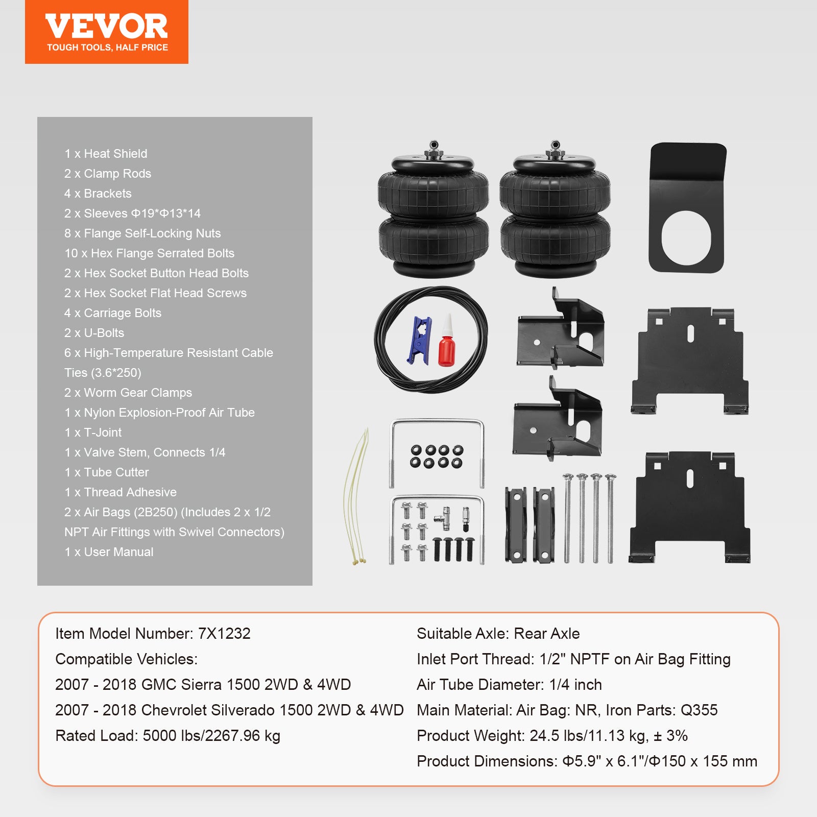 VEVOR Air Bag Suspension Kit, Air Spring Suspension Bag Kit, 5000 Lbs Load Capacity, 5 to 100 PSI