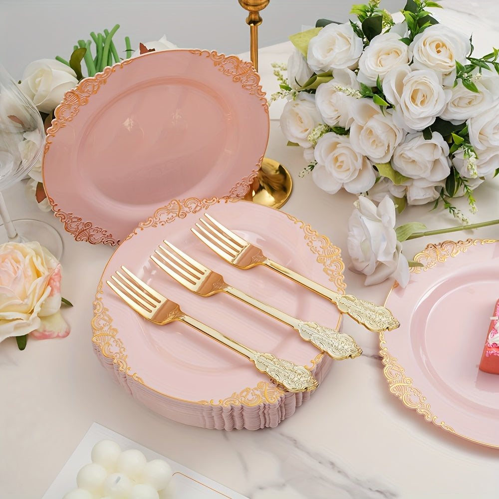 20/60Pcs Pink Vintage Small Plates & Forks Set, Embossed Pattern Edge, Vintage Style, Reusable – Perfect for Wedding Season Dinners, Birthday Balls, Tea Parties, Guest Reception, New Year & Christmas Celebrations