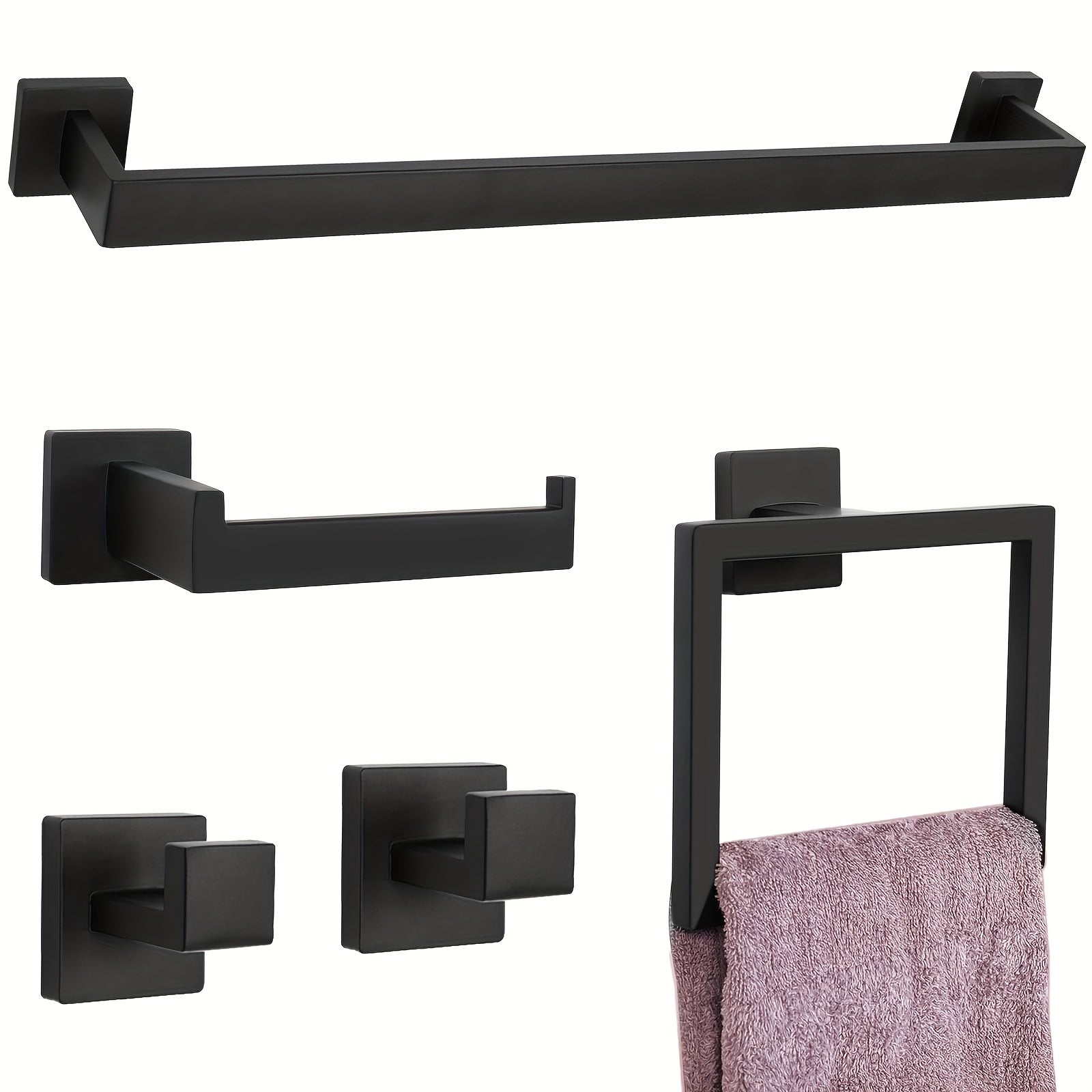2/5/10/15-Piece Black SUS304 Wall Mount Bathroom Towel Rack &amp; Accessory Set - Includes 16" Towel Bar, Towel Ring, Tissue Holder &amp; Hooks, for Bath/Hand Towels, Matte Black Bathroom Hardware Set, Toilet Paper Holder, Towel Rack