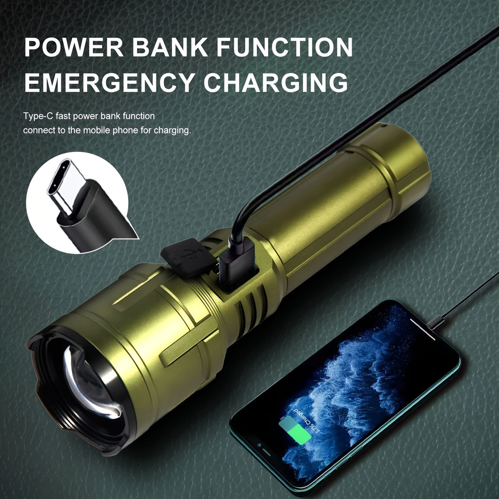 Lihangxing 5000mAh USB-C Rechargeable Tactical Flashlight - 500 Lumens Super Bright LED, Telescopic Zoom Up to 1968.5 Inches, Durable Aluminum Alloy Structure, Comes with Storage Box and Charging Cable