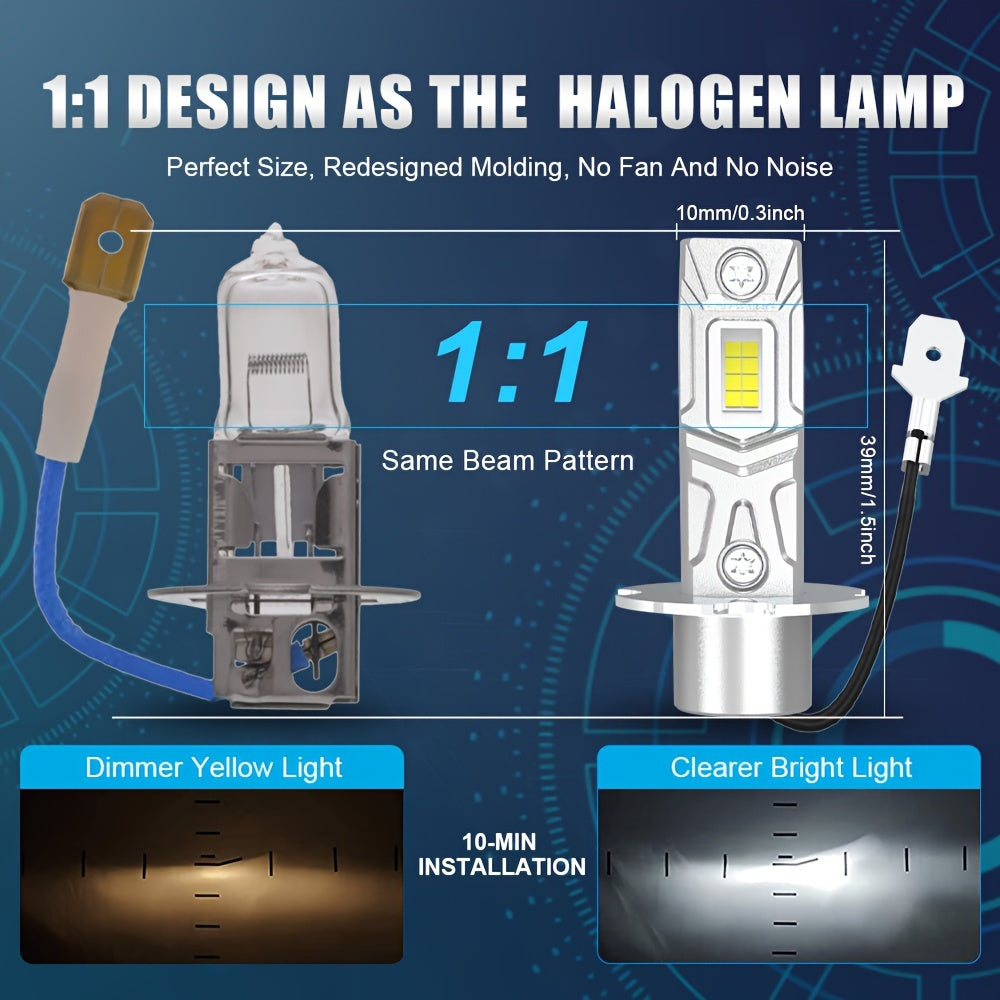 H3 LED Bulbs, Super Bright 1:1 Mini Size 20000LM 90W 12V 6000K White Fanless H3 LED Bulbs, for Fog Light, Daytime Running Light, High/Low Beam, Plug-and-Play, No Adapter Needed, Non-Polarity, 2-Pack