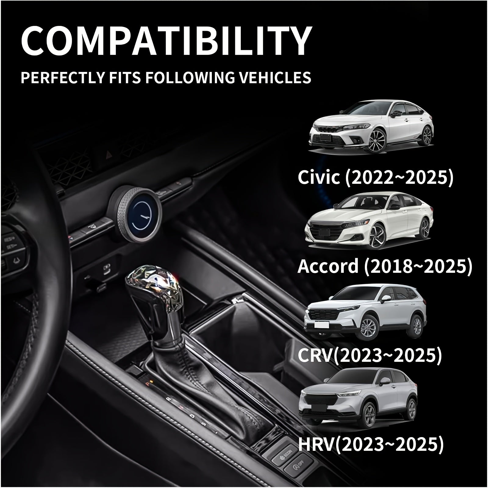 Compatible with Honda Civic 2022 2023 2024 2025 2026, Fits CRV HRV 2023-2026, Fits Accord 2018-2026, Accessories Car Center Console Gear Shift Knob Cover Trim - Crystal Style