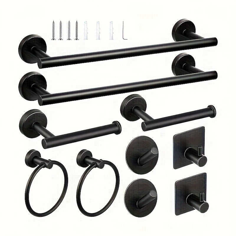 10-Piece Matte Bathroom Hardware Set - SUS304 Bathroom Hook Set, 16" Hand Towel Bar, Tissue Holder, Angled Hooks, 2 Robe Hooks, Wall Mount Accessories
