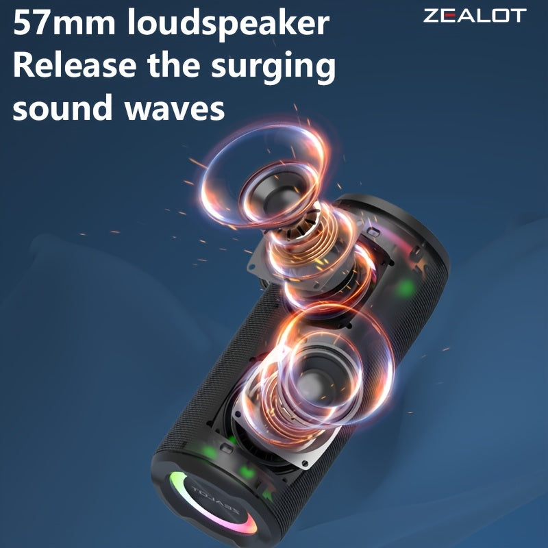 ZEALOT S51 Pro 无线蓝牙音箱，双设备连接，24小时播放时长，具备强劲立体声和深沉低音。包含充电线和Aux线，兼容手机/平板电脑/电视。