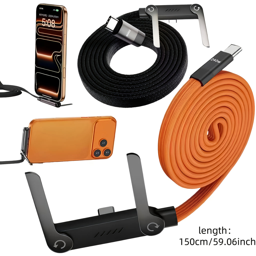 A 2-In-1 240W Fast Charging Foldable Stand Data Cable with Dual Type-C Super Fast Charging And an Integrated Phone Holder, Compatible with The Iphone 15-17 Series