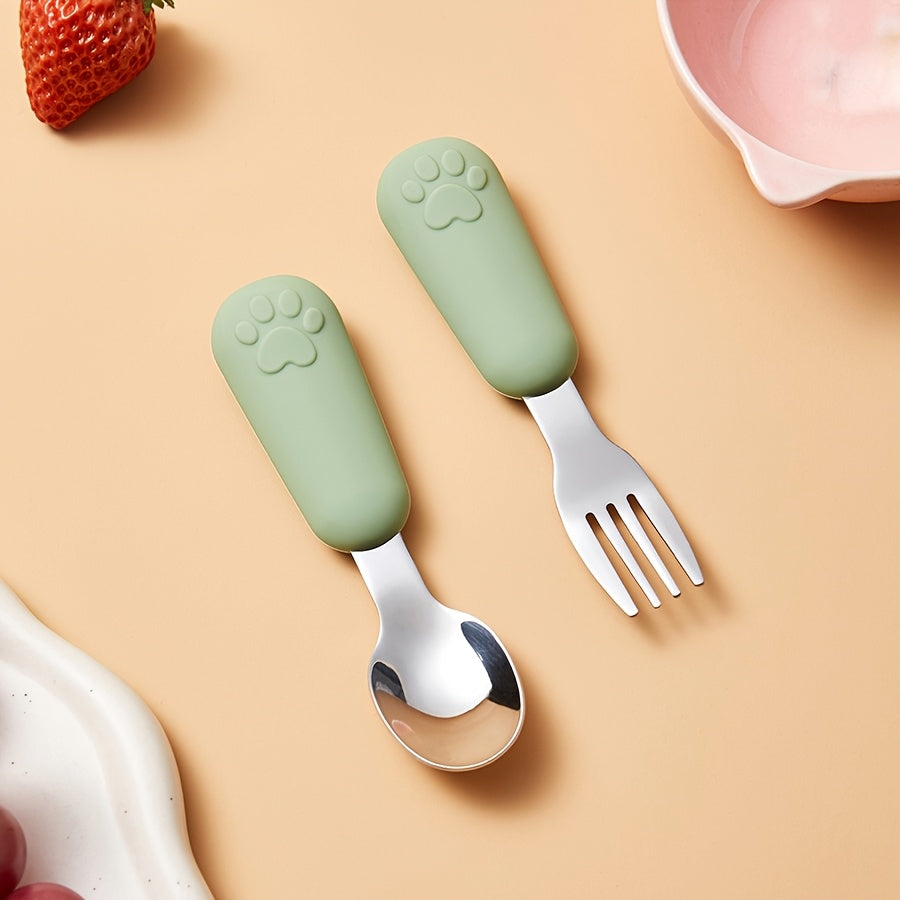 1/2 Set Bear Paw Shape Children's Short Handle Fork & Spoon Set – 304 Stainless Steel Non-Slip Grip | Baby & Toddler Self-Feeding Training Cutlery, Learning Meal Training Utensils