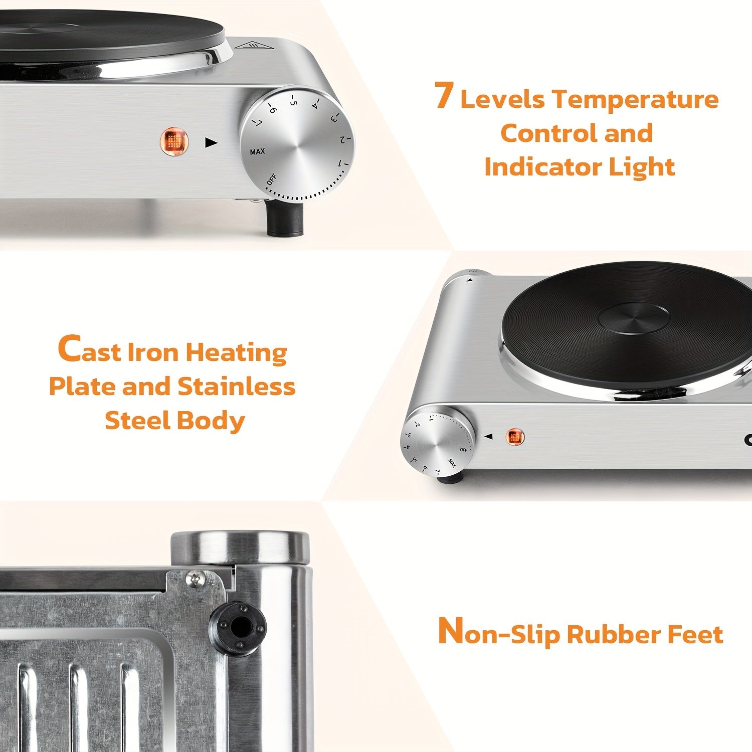 CUSIMAX Electric Hot Plate, Portable Double Burner Electric Stove, 1800W Cast Iron Double Cooktop, Compatible with All Types of Cookware, Stainless Steel
