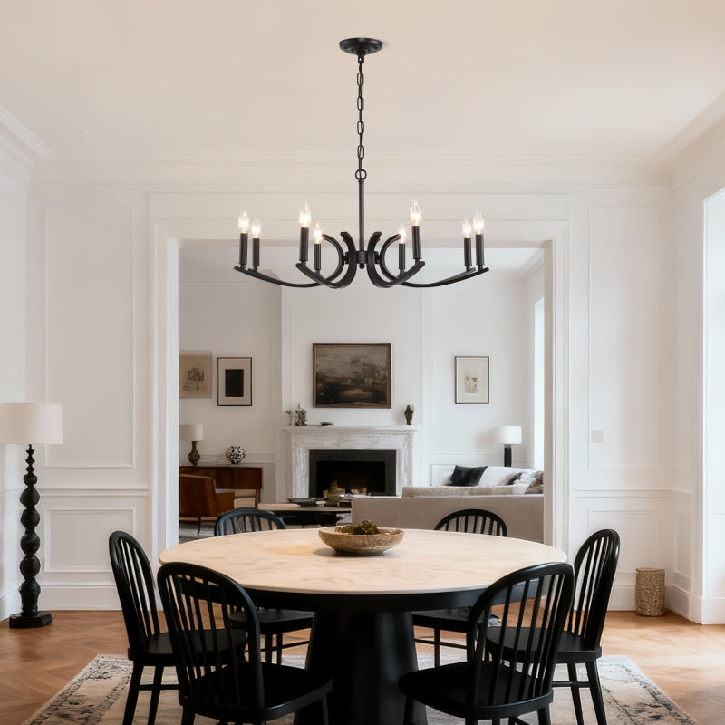 8-light farmhouse style chandelier, black metal branched chandelier, industrial style high ceiling living room dining room foyer lighting fixture, adjustable height - E12 base