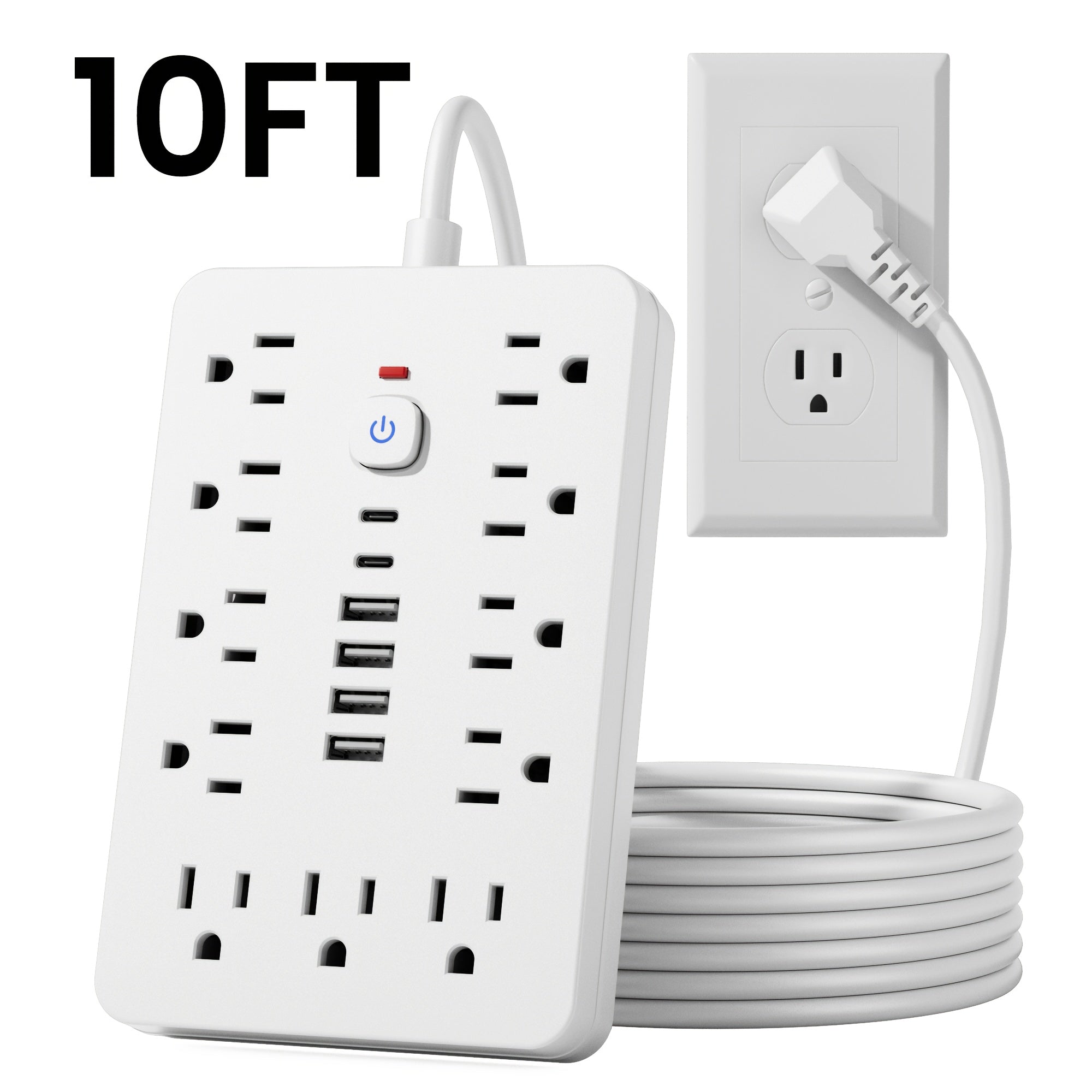 This Power Hub Features 11 Individual Outlets, Lengths of 5FT And 10FT, Along with 4 USB Ports And 2 USB-C Ports. It Has a Flat Plug Design, Can Be Mounted on The Wall, And Is Equipped with Overload Protection, Making It Ideal for Home Or Office Use
