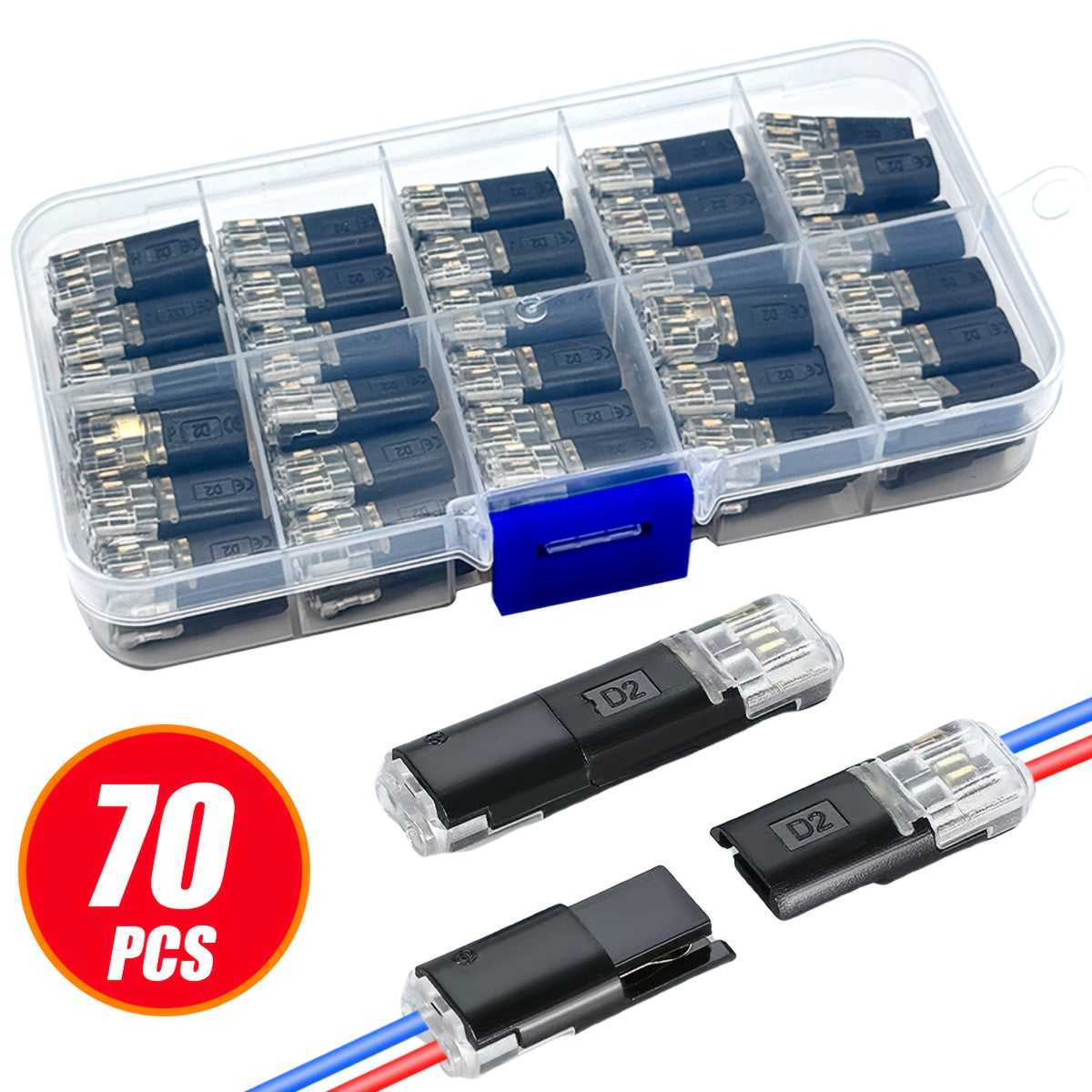 15/70-Pack Wire Splice Connectors, No-Strip Quick Connect Electrical Splice Clips, 2 Pin 2 Wire, for 0.06-0.08 inch (AWG22-AWG18) Wire Size, PVC Insulated, Copper Contacts