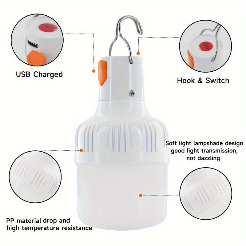 2 smart rechargeable USB LED bulbs with motion sensor and emergency backup lighting, 3 lighting modes (dimmable night light emergency light), USB powered LED bulb with hook, energy-saving, suitable for home, camping, lantern