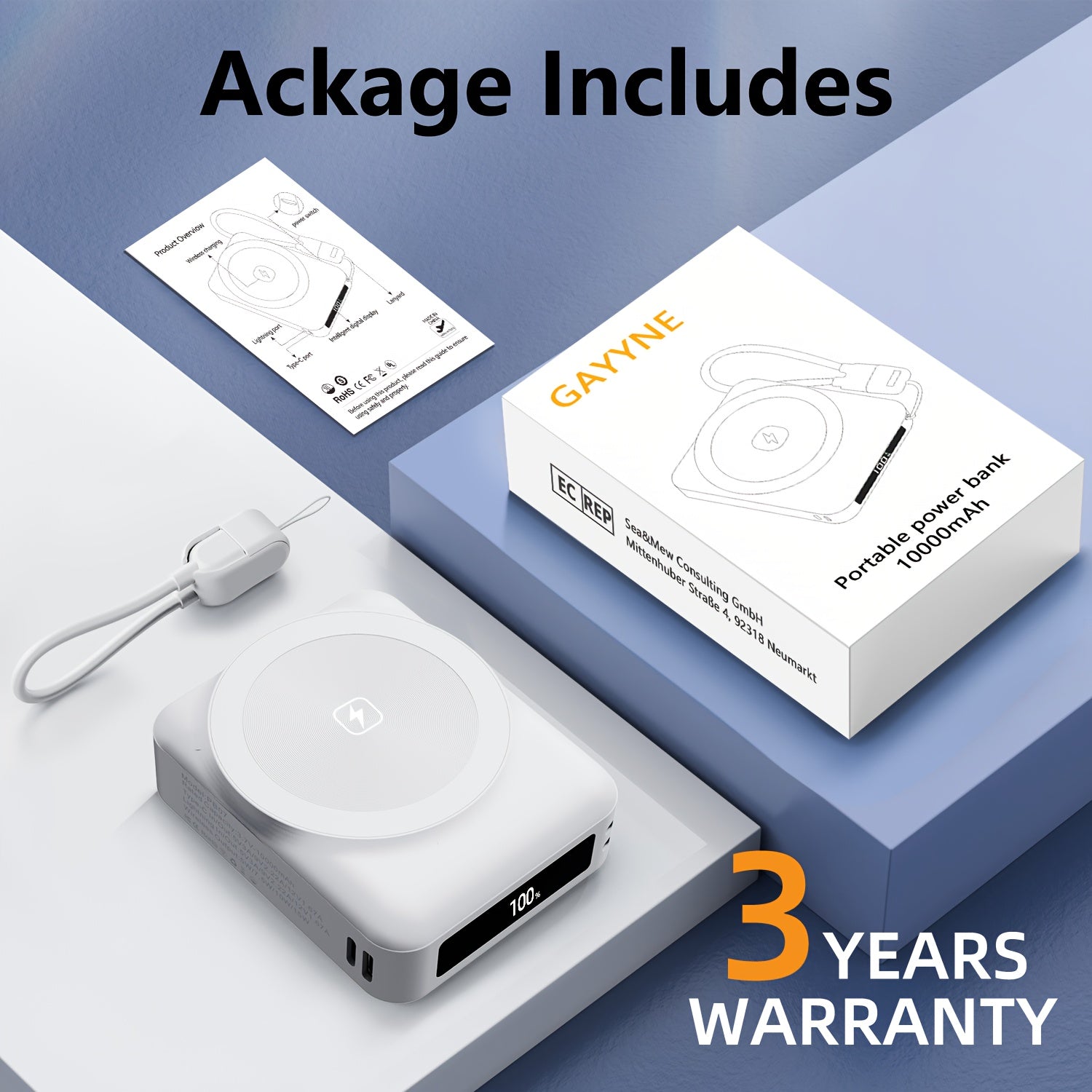 Ultra-Thin 10000mAh Power Bank with 22.5W Fast Charging & Magnetic Connector, Portable Charger Compatible for // - Type-C & Lightning Cable Included, Compatible for Phones, Tablets, Watches, Headphones
