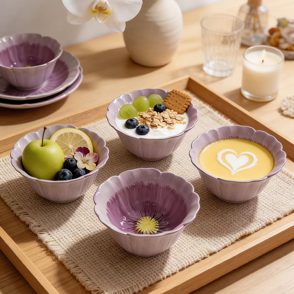 2PCS Set, New Purple Flower Bud Ceramic Dinnerware – Steak Plate, Pasta Plate – Perfect for Restaurant & Home Use – Novel Floral Pattern Plate, Fruit Salad Bowl, Exquisite Personalized Tableware, Fine Kitchen Dinnerware, Gift