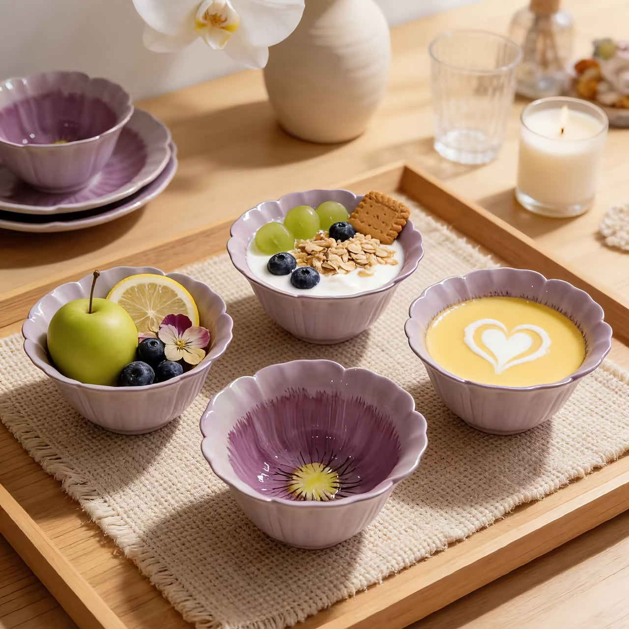 2PCS Set, New Purple Flower Bud Ceramic Dinnerware – Steak Plate, Pasta Plate – Perfect for Restaurant & Home Use – Novel Floral Pattern Plate, Fruit Salad Bowl, Exquisite Personalized Tableware, Fine Kitchen Dinnerware, Gift