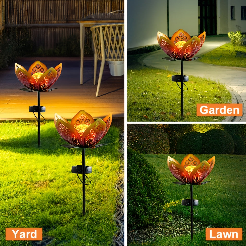 3pcs Solar Hollow Sunflower Lawn Light, Cracked Glass and Metal Floral Design, Suitable for Courtyard, Patio and Walkway Decoration, Outdoor Decoration | Lotus Design | Metal Structure, Solar Courtyard Light, Christmas Gift, Garden Decoration