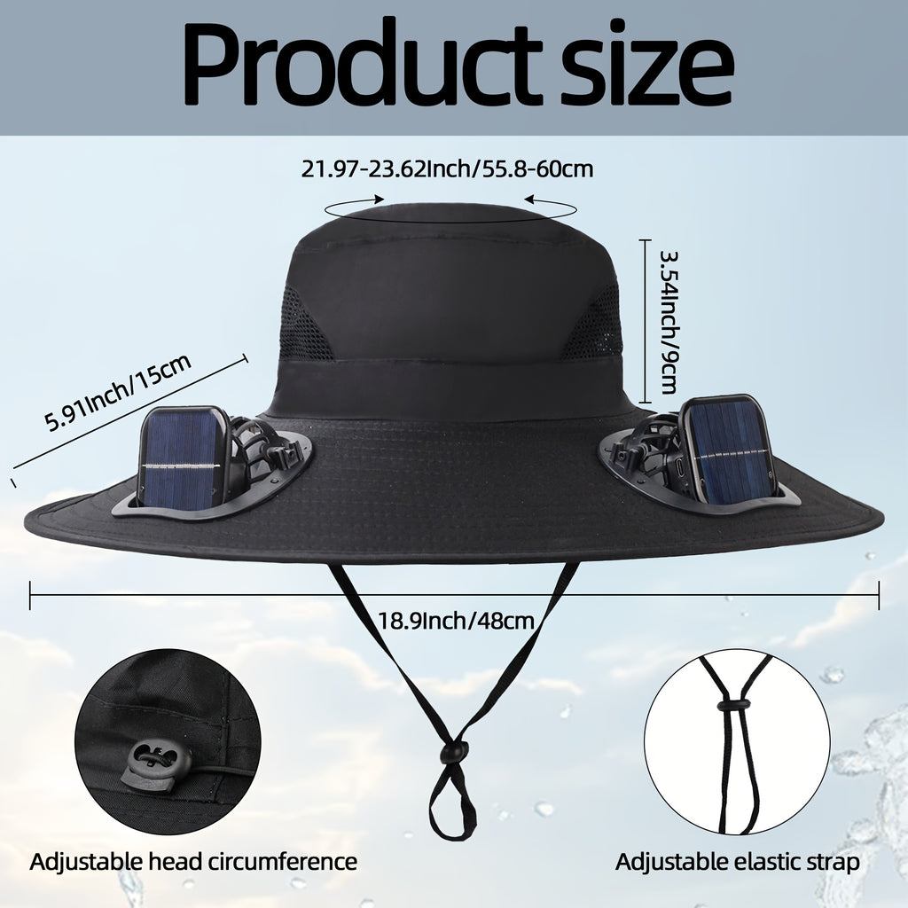 Solar Fan Hat, 800mAh Large Capacity Battery, 15cm Brim with Steel Wire Edging, UPF50+, Built-in 2 Pcs 180° Adjustable Fans, Solar & USB Dual Charging Support, Perfect for Beach, Camping, Fishing and Outdoor Activities
