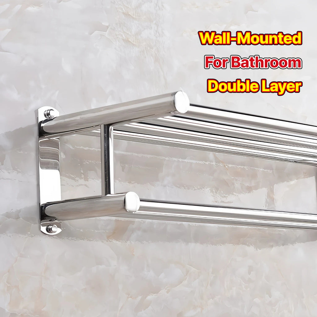 1pc Wall Mount Bathroom Double Layer Shelf - 19.69" Long, Easy Install with 5 Hooks, Polished Mirror Finish, Wide Spacing for Ventilation & Drying, for Home Bathroom, Hotel Toilet