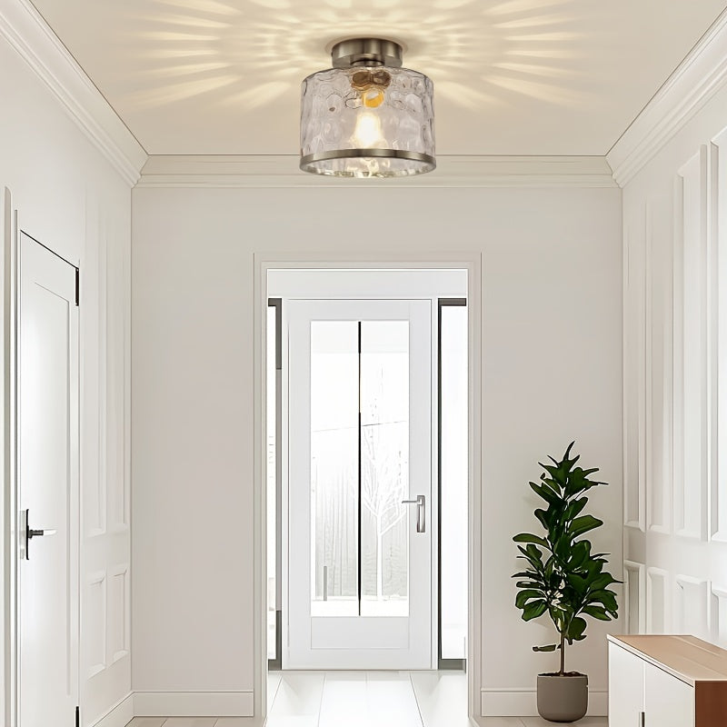 1-Light Modern Farmhouse Semi-Flush Mount Ceiling Light with Brushed Nickel Finish and Clear Water Ripple Glass Shade - Low-Profile Modern Fixture, Suitable for Bedroom, Hallway, Kitchen - Compatible with E26 Socket