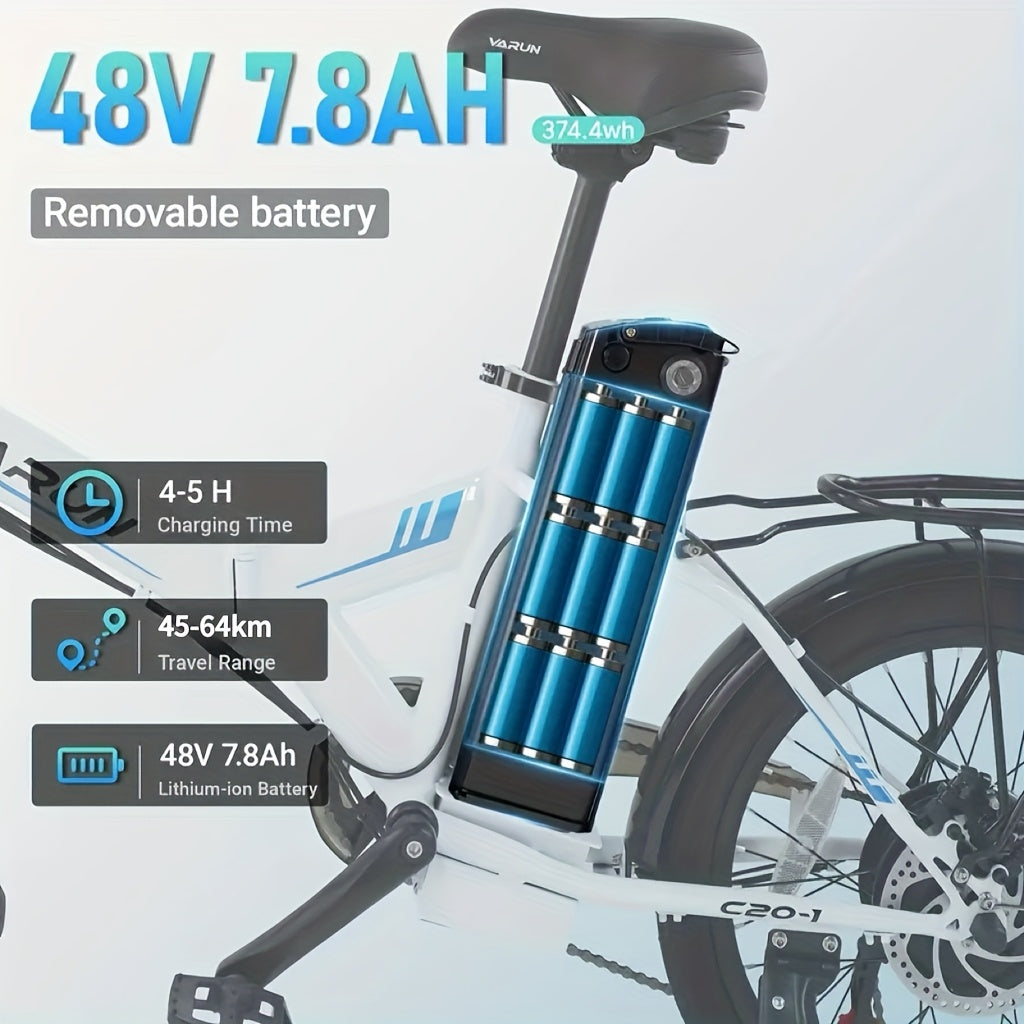 20英寸折叠电动自行车 - 500W高功率电机，48V 7.8AH可拆卸电池，50-55公里续航，7速变速与LCD显示屏，前置货架与重型碟刹，20 MPH电动自行车（全球电压100-240V）- 男女通用城市通勤车