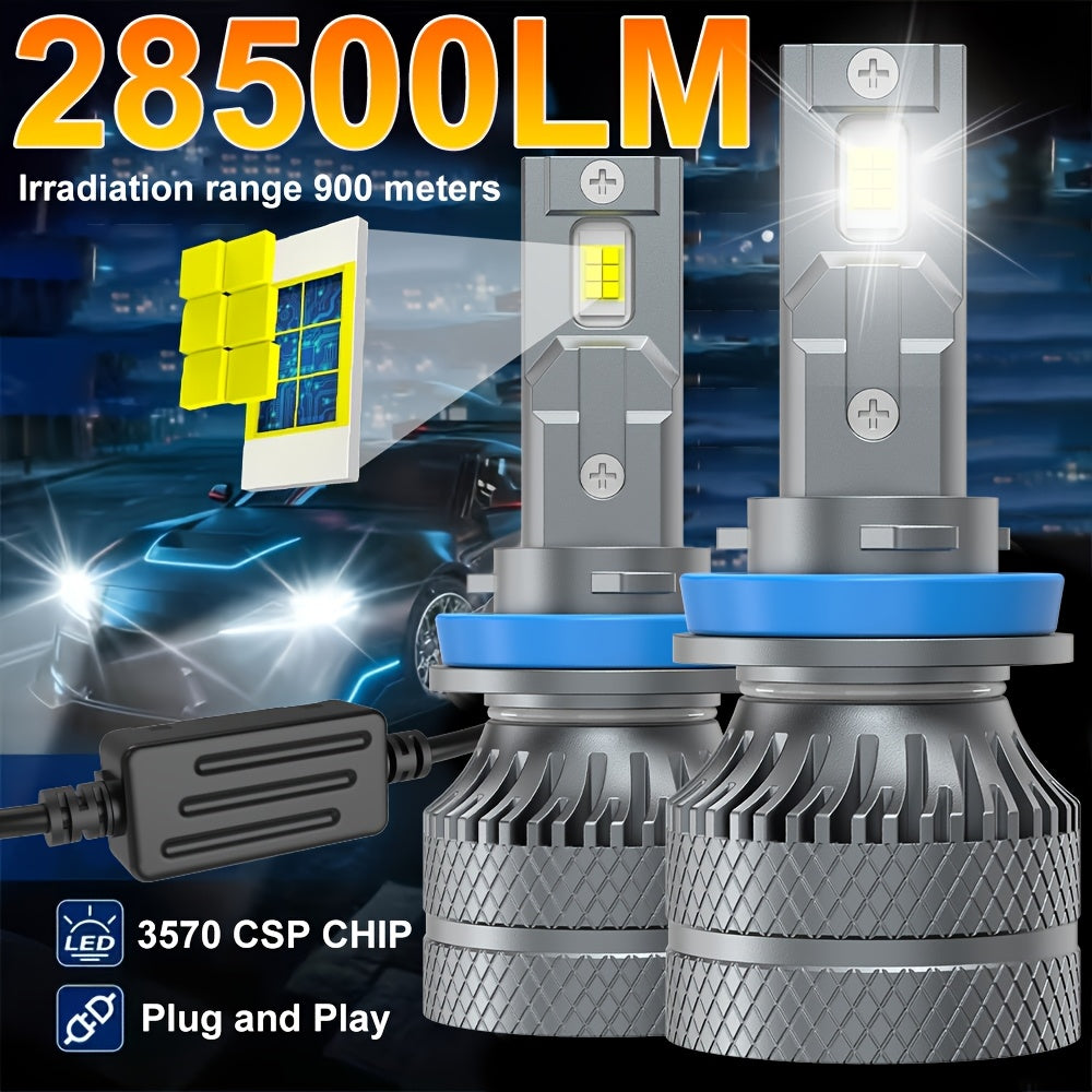 2PCS LED Car Headlights, Compatible with H11/H4/H1/H7, 9005/9006/9012 - 28500LM, Cool White Light, Plug-and-Play System, Built-in & External Driver, No Battery Needed.