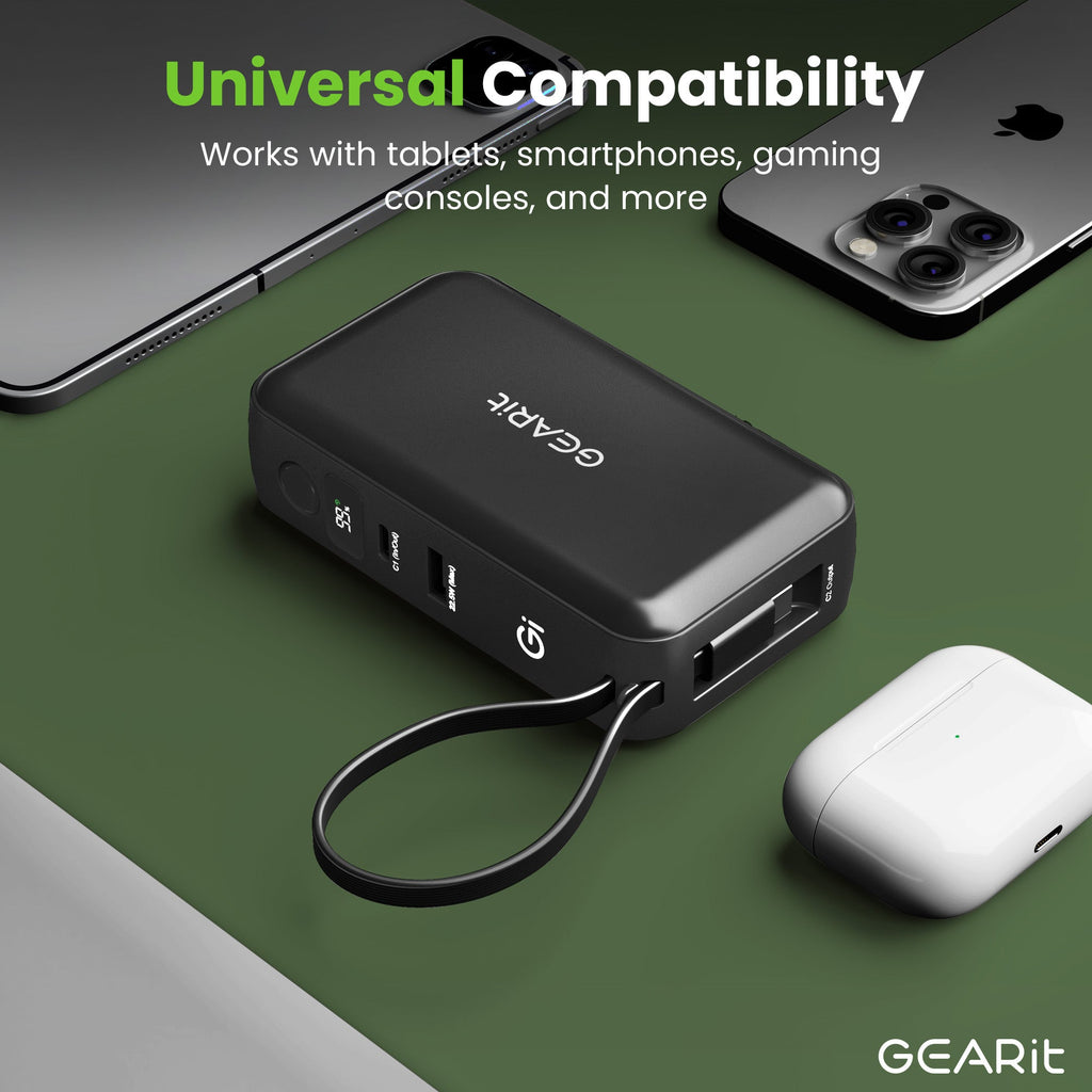 GEARit 三合一65W氮化鎵充電器，內建USB-C線10000毫安時移動電源