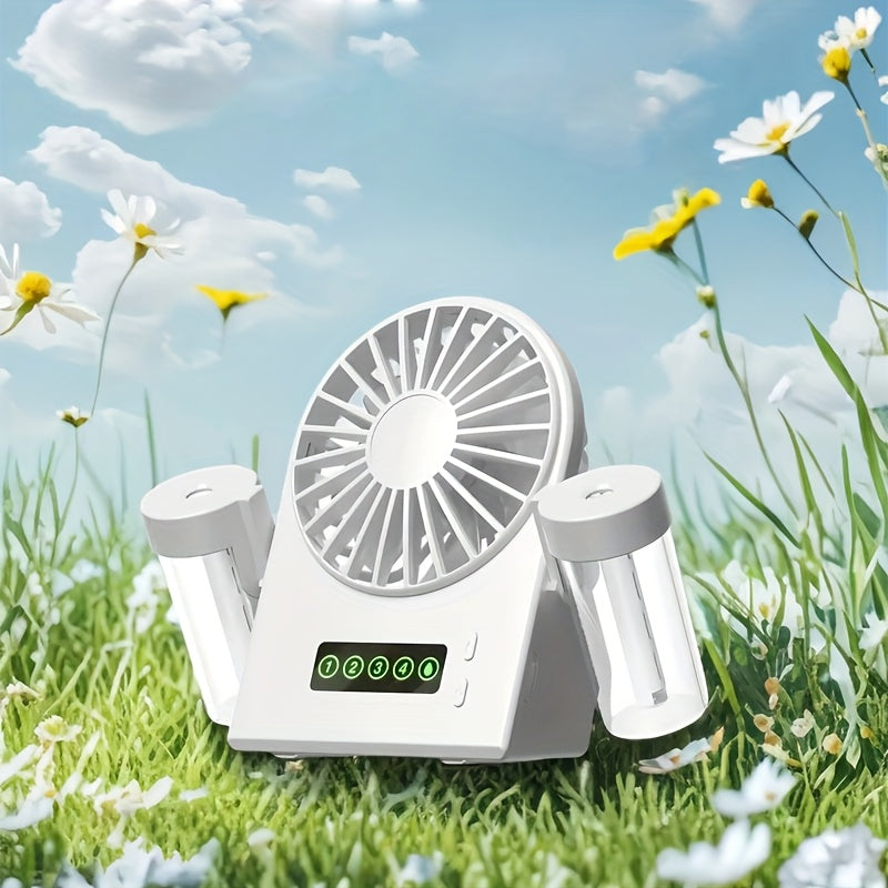 2025 New Dual-Nozzle Double Mist Spray Fan, Mist & Hydration Fan, Multi-Functional Spray Fan for Office Dorm Students, 1200mAh