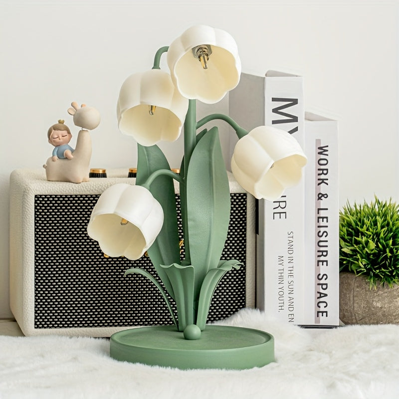 Pink warm table lamp, gold light luxury table lamp, five lily of the valley flowers table lamp, creative acrylic flower shape, home decoration desk lamp, floral theme ambiance light, themed homestay hotel decorative lamp