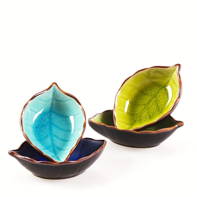 4-Piece Set Ceramic Leaf-Shaped Small Sauce Dish, Leaf Pattern Ice Crackle Glaze Dip Dish, Multi-Purpose Tableware, Perfect Choice for Home Kitchen & Restaurant Use