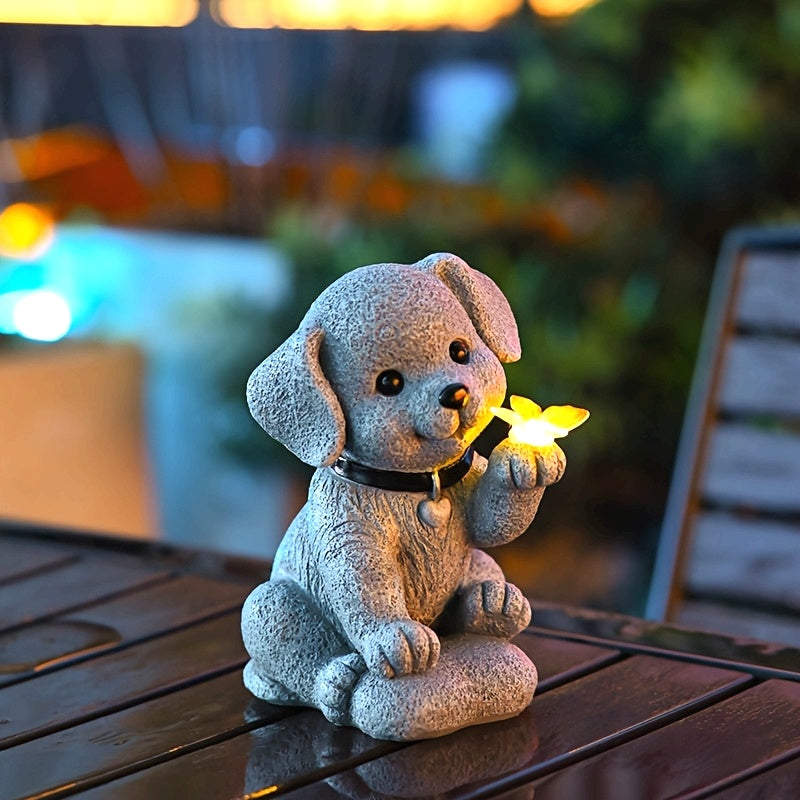 One Solar Puppy Holding Butterfly Garden Statue Light - Resin Outdoor Decoration, Perfect for Courtyard, Patio, Balcony or Porch, Solar Garden Decor