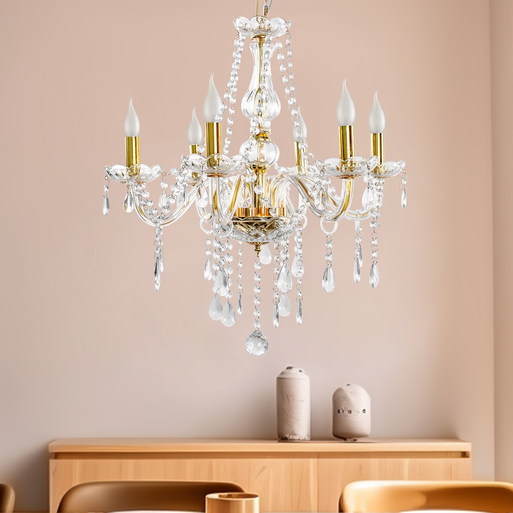 Modern gold crystal chandelier, 6-light branched pendant light, with chain, elegant chandelier, suitable for dining room, bedroom, living room, hotel, home decorative lighting, E12 base, bulbs not included