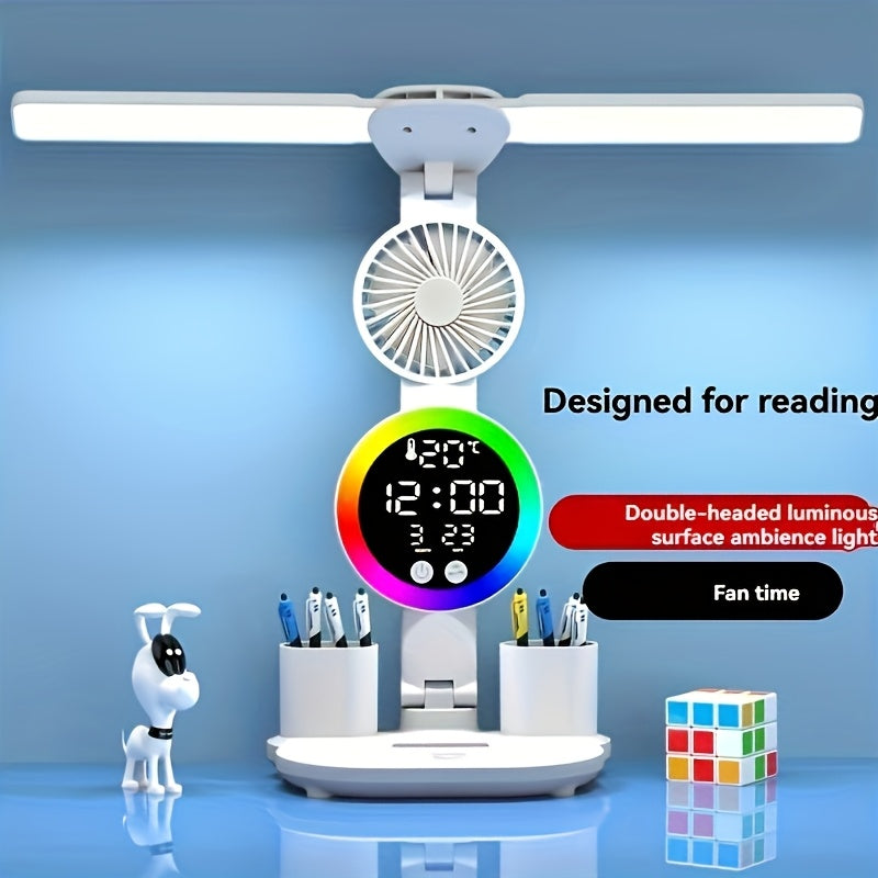 2-Head / 4-Head Optional Smart Desk Lamp with Fan & Pen Holder, USB Powered Touch Control, Adjustable Dual Lighting, Time & Temperature Display, Color Changing, Eye-Caring Modern Touch Lamp, Multifunctional Fashion Durable Plastic Lamp